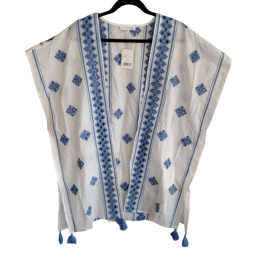 Daily Thread White & Blue Embroidery & Tassels Open-Front Kimono Beach Cover-Up